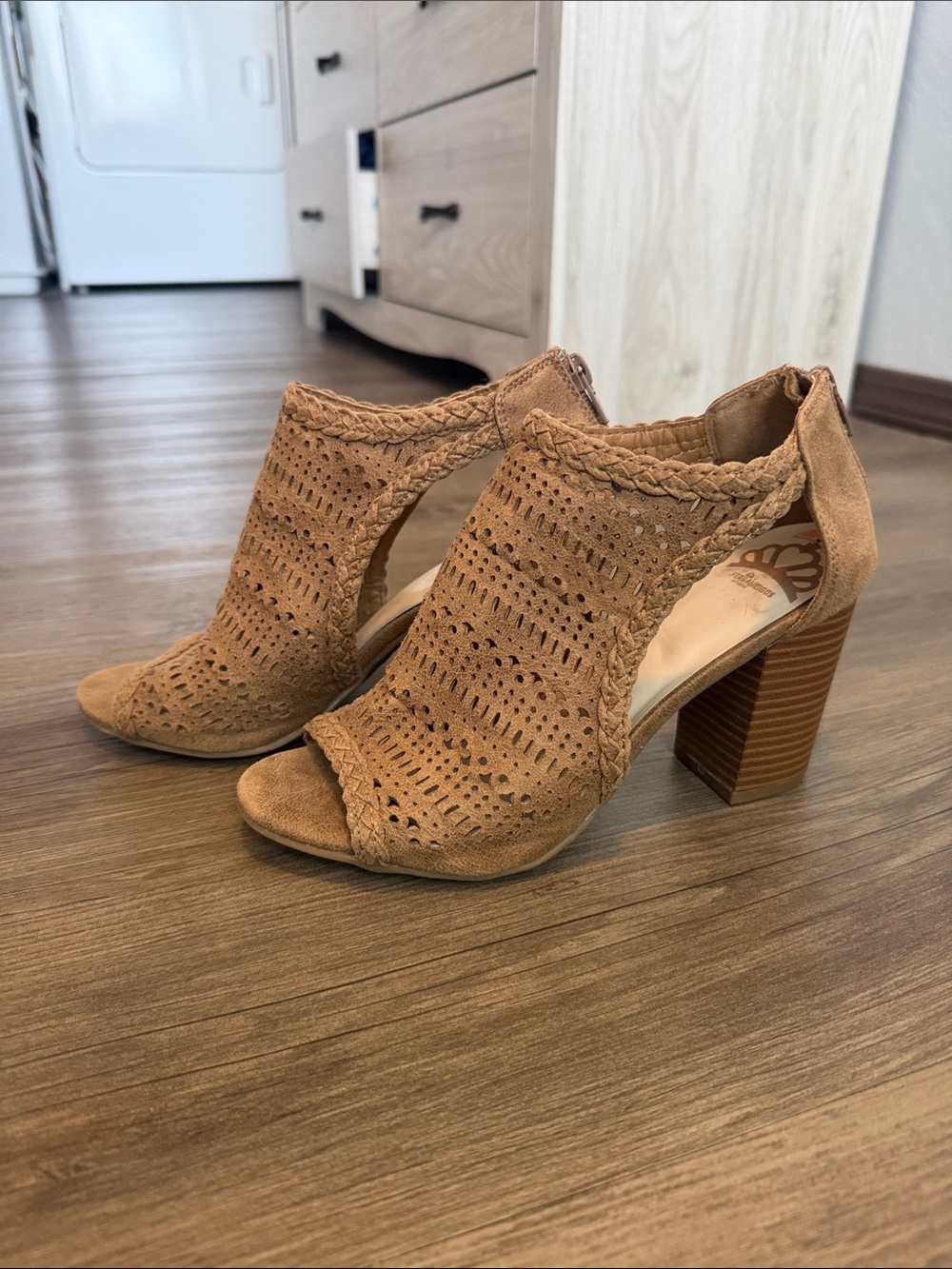 Braided Suede Open-Toe Block Heel Sandals - Tan